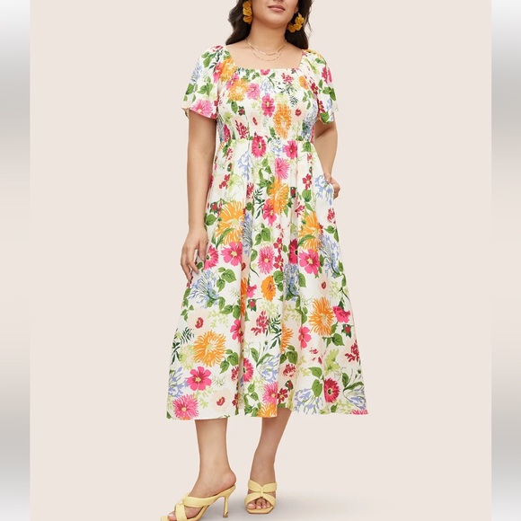 Bloomchic Floral Backless Shirred Square Neck Pocket Ruffle Hem Dress - Picture 3 of 7